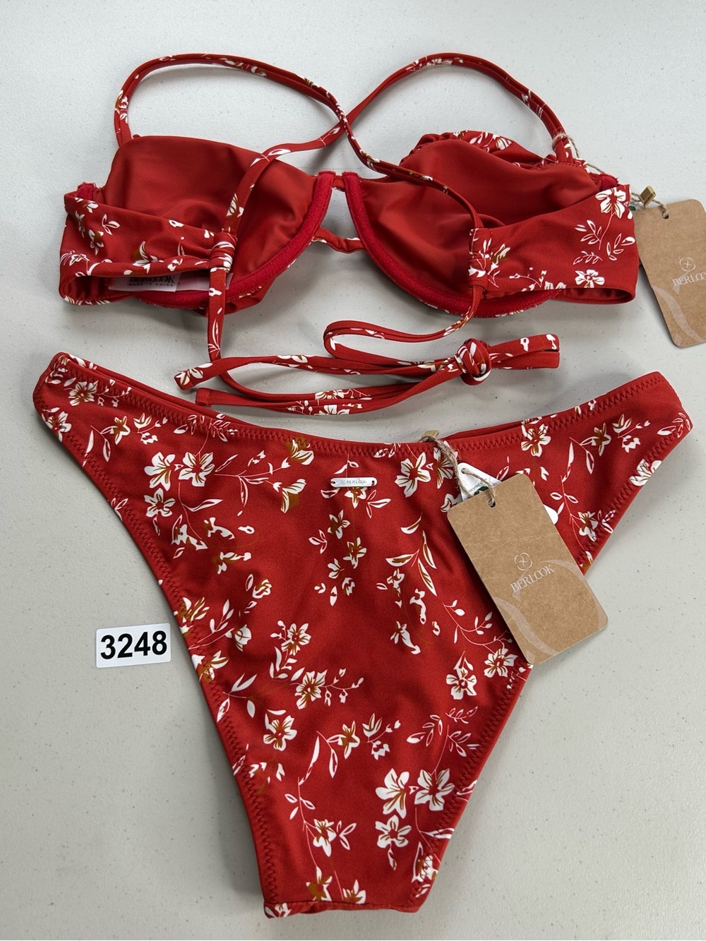Berlook Bikini Set Medium Red Floral Print Ruched Bottom Underwire Top New - Picture 2 of 9